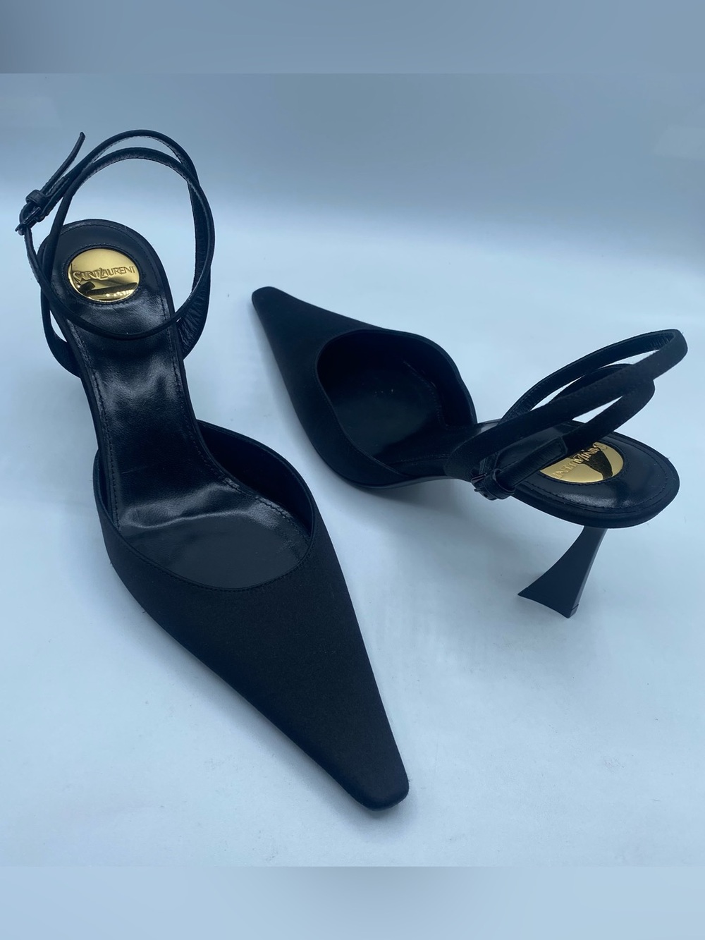 Saint Laurent Aimee 75 Satin Black  Slingback Pumps